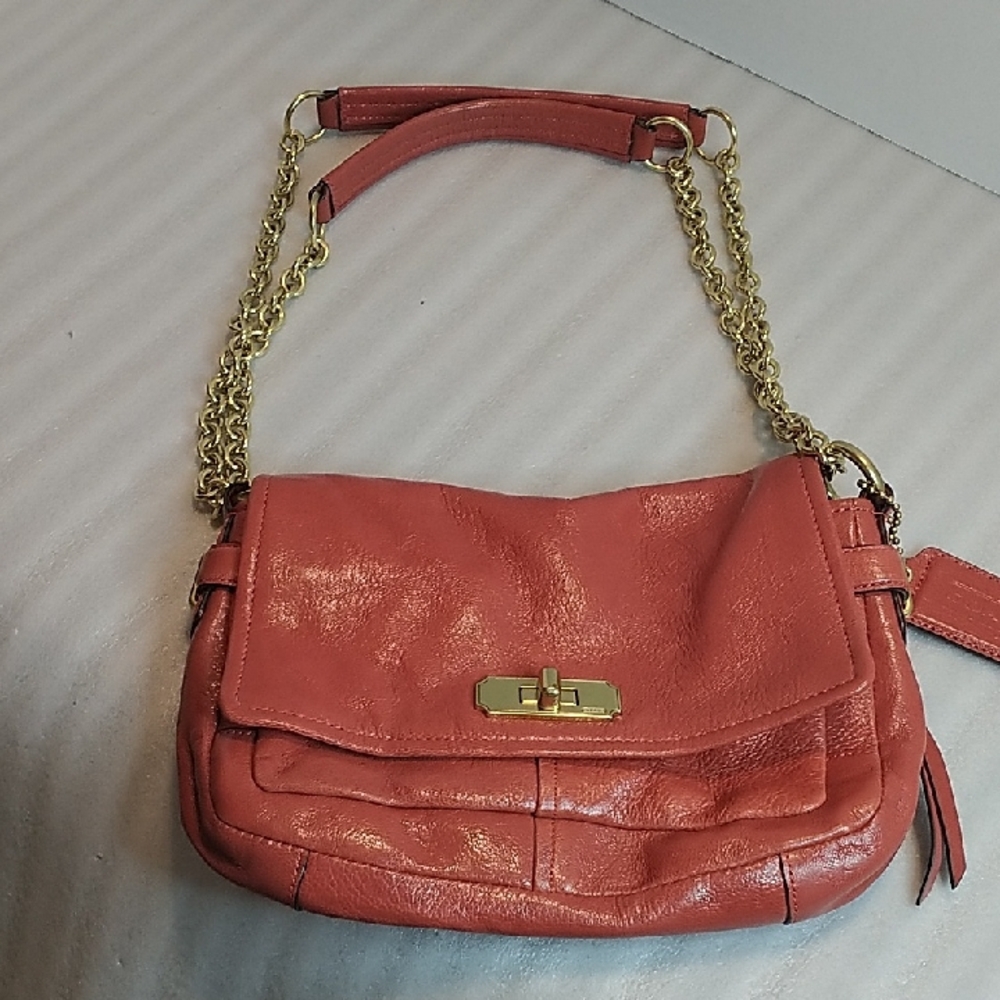 Coral Orange Leather Chain Strap Chelsea Coach Shoulder Bag Crossbody